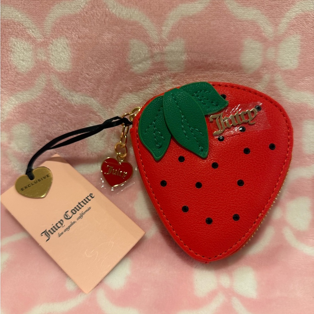 Juicy Couture Strawberry Coin Purse with Green Leaf & Gold Heart Charm